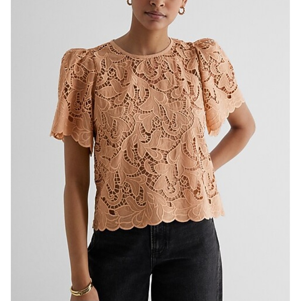 Express Embroidered Crochet Lace Puff Sleeve Top Romantic Boho Camel M NWT